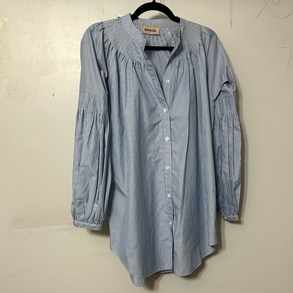 Maison Blue White Stripe Balloon Sleeve Tunic Blouse Size M Coastal Chic - Picture 3 of 8